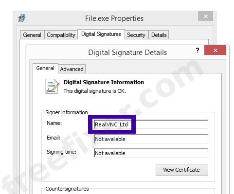 Screenshot of the RealVNC Ltd certificate